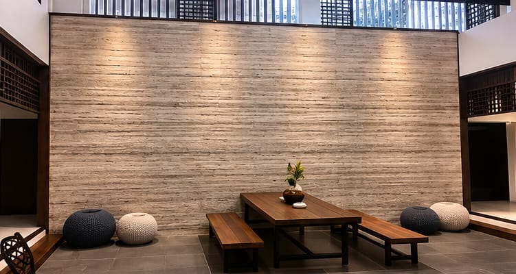 Double-height living space by MATEK with a lit travertine wall, low timber bench and floor cushions