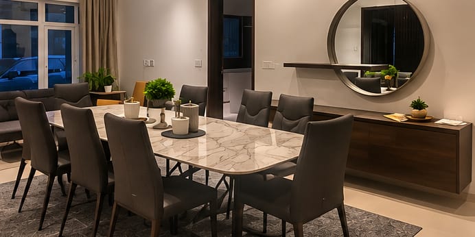 Open-plan office floor with a curved banquette, planting and a suspended neon feature above the lounge seating
